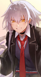Rule 34 | 1girl, ahoge, bag, black bag, black choker, black jacket, black skirt, blue cardigan, blush, cardigan, choker, collared shirt, commentary request, fate/grand order, fate (series), grin, hair between eyes, highres, jacket, jeanne d&#039;arc alter (fate), looking at viewer, necktie, official alternate costume, open clothes, open jacket, red necktie, school bag, shirt, short hair, simple background, skirt, smile, solo, somemiya suzume, twitter username, white background, white hair, yellow eyes