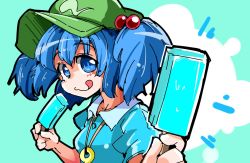 Rule 34 | 1girl, blue eyes, blue hair, food, hair bobbles, hair ornament, hat, kawashiro nitori, key, matching hair/eyes, popsicle, shinapuu, short hair, smile, solo, tongue, tongue out, touhou, twintails, two side up