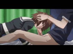 Rule 34 | 10s, 1boy, 1girl, animated, animated gif, bottomless, brown hair, censored, chinatsu (swing out sisters), clothed sex, fellatio, hand on head, hetero, incest, irrumatio, lowres, oral, qvga, school uniform, serafuku, siblings, swing out sisters