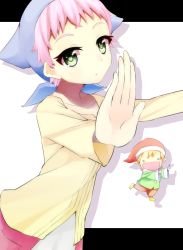 Rule 34 | 1girl, :d, dress, fairy, fairy (jintai), green eyes, hat, head scarf, highres, jinrui wa suitai shimashita, letterboxed, mori burin, open mouth, outstretched arms, outstretched hand, parody, pink hair, short hair, simple background, smile, watashi (jintai)
