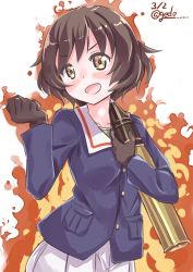 Rule 34 | 10s, 1girl, :d, akiyama yukari, black gloves, blue jacket, brown eyes, brown hair, clenched hand, commentary, dated, fire, girls und panzer, gloves, green shirt, highres, holding, jacket, long sleeves, looking to the side, messy hair, military, military uniform, natsuki (gedo), one-hour drawing challenge, ooarai military uniform, open mouth, pleated skirt, shirt, short hair, skirt, smile, solo, standing, tank shell, twitter username, uniform, upper body, v-shaped eyebrows, white skirt