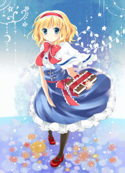 Rule 34 | 1girl, alice margatroid, blonde hair, blue eyes, blush, book, bow, capelet, dress, female focus, flower, hairband, highres, pantyhose, puracotte, short hair, smile, solo, touhou