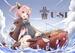 Rule 34 | &gt;:d, 1girl, absurdres, ahoge, azur lane, blue sky, blush, character name, commentary, competition swimsuit, covered navel, cross, day, english commentary, fang, hair ornament, highres, hood, hooded jacket, iron cross, jacket, looking at viewer, one-piece swimsuit, pink hair, riding, sky, solo, submarine, sudhiro sappurisa, swimsuit, two side up, u-81 (azur lane), v-shaped eyebrows, water, watercraft, yellow eyes