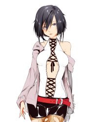 Rule 34 | 1girl, arms at sides, artist name, belt, belt buckle, black hair, breasts, buckle, buttons, center opening, colorized, cowboy shot, expressionless, hair between eyes, head tilt, highres, hyanna-natsu, jacket, jacket off shoulders, long sleeves, looking at viewer, navel, off shoulder, open clothes, open jacket, original, pantyhose, purple eyes, purple jacket, sawasawa (style), shirt, short hair, shorts, simple background, sleeveless, sleeveless shirt, solo, thigh gap, third-party edit, torn clothes, torn pantyhose, unbuttoned, underboob, white background, white shirt