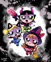 Rule 34 | 3girls, black hair, blonde hair, blossom (ppg), blue eyes, bubbles (ppg), buttercup (ppg), commentary, danishi, demon costume, dress, english commentary, english text, fang, green eyes, green pajamas, halloween costume, hat, highres, long hair, looking at viewer, multiple girls, open mouth, orange hair, pajamas, pink eyes, powerpuff girls, shoes, short hair, simple background, smile, symbol-only commentary, tongue, tongue out, twintails, witch, witch hat