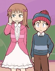 Rule 34 | 1boy, 1girl, arm behind head, beanie, black hair, blue eyes, bow, braces, brother and sister, child, dress, frown, hair bow, hat, light brown hair, looking to the side, pink bow, shelley marsh, siblings, signature, south park, stan marsh, tsunoji, white dress