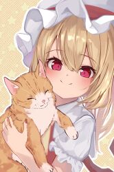 Rule 34 | 1girl, animal, ascot, blonde hair, blush, cat, closed mouth, commentary, fingernails, flandre scarlet, hair between eyes, hat, highres, holding, holding animal, holding cat, looking at viewer, medium hair, mob cap, orange cat, outline, puffy short sleeves, puffy sleeves, r utchi, red eyes, red nails, short sleeves, smile, star (symbol), touhou, white outline, wings, yellow ascot