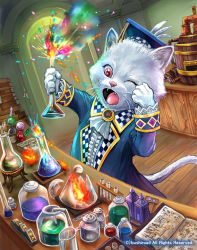 Rule 34 | 1boy, animal ears, book, cardfight!! vanguard, cat, cat ears, cat tail, company name, fangs, feathers, fire, full-power scientist nyanshiro, furry, furry male, hat, male focus, matsushima kazuo, one eye closed, open mouth, potion, red eyes, tail, tongue