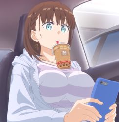 Rule 34 | 1girl, ai-chan (tawawa), blue eyes, braid, breasts, brown hair, bubble tea, bubble tea challenge, car interior, cellphone, collarbone, cup, disposable cup, drinking, earrings, getsuyoubi no tawawa, highres, iphone, jacket, jewelry, large breasts, looking down, milk tea, mouth hold, object on breast, phone, purple jacket, purple shirt, screencap, shirt, short hair, side braid, sitting, smartphone, solo, stitched, striped clothes, striped shirt, third-party edit