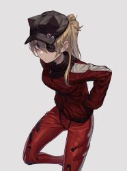 Rule 34 | 1girl, absurdres, alternate hairstyle, animal hat, black hat, blonde hair, blue eyes, bodysuit, breasts, cat hat, closed mouth, commentary request, evangelion: 3.0 you can (not) redo, eyepatch, frown, grey background, hair between eyes, hands in pockets, hat, highres, jacket, leg up, long hair, long sleeves, looking at viewer, max-k, neon genesis evangelion, plugsuit, ponytail, rebuild of evangelion, red bodysuit, red jacket, simple background, solo, souryuu asuka langley, standing, standing on one leg, track jacket, zipper pull tab