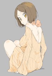 Rule 34 | 1girl, absurdres, backless dress, backless outfit, bad id, bad twitter id, bare shoulders, blush, breasts, brown eyes, brown hair, closed mouth, donguri suzume, dress, full body, grey background, highres, large breasts, long sleeves, looking at viewer, looking back, orange sweater, parted bangs, short hair, simple background, sitting, solo, sweater, sweater vest