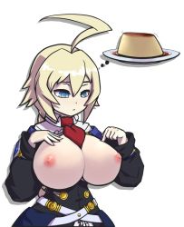 Rule 34 | 1girl, ahoge, asura senki, belt, blazblue, blue eyes, braid, breasts, breasts out, cleavage, commentary, deep skin, english commentary, es (xblaze), expressionless, food, highres, huge ahoge, huge breasts, impossible clothes, multiple belts, narrow waist, necktie, nipples, pudding, red necktie, ringed eyes, single braid, solo, thought bubble, underbust, xblaze, xblaze code: embryo
