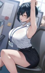 Rule 34 | 1girl, arm up, armpits, bare legs, black hair, black skirt, breasts, chair, closed eyes, cubicle, highres, id card, lanyard, large breasts, miniskirt, office chair, office lady, open mouth, original, pencil skirt, shirt, shirt tucked in, short hair, sitting, skirt, sleeveless, sleeveless shirt, solo, stretching, swivel chair, thighs, white shirt, xe (execut3r)