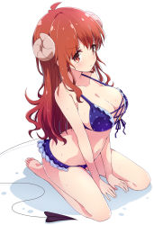 Rule 34 | 1girl, barefoot, bikini, blue bikini, breasts, commentary request, curled horns, demon girl, demon horns, demon tail, frilled bikini, frills, full body, highres, horns, large breasts, long hair, looking at viewer, machikado mazoku, mel (melty pot), navel, polka dot, polka dot bikini, red eyes, red hair, simple background, soles, solo, swimsuit, tail, white background, yoshida yuuko (machikado mazoku)