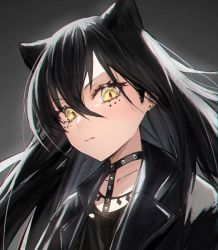 Rule 34 | 1girl, animal ears, arknights, black choker, black hair, black jacket, cat ears, choker, closed mouth, dagda (arknights), ear piercing, extra ears, grey background, hair between eyes, highres, horn/wood, jacket, long hair, looking at viewer, mole, mole under eye, open clothes, open jacket, piercing, simple background, solo, upper body, v-shaped eyebrows, yellow eyes