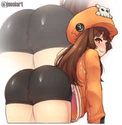 Rule 34 | 1girl, ass, ass focus, bent over, bike shorts, black shorts, blush, breasts, brown eyes, brown hair, cameltoe, cleft of venus, from behind, guilty gear, guilty gear strive, hat, highres, hood, hoodie, joosi, long hair, looking at viewer, looking back, may (guilty gear), medium breasts, no bra, nose blush, orange hat, orange hoodie, pirate hat, shorts, skull and crossbones, smile, solo, underboob, zoom layer
