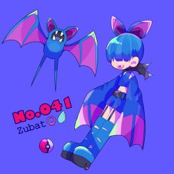 Rule 34 | 1girl, bad id, bad pixiv id, bat (animal), belt, black neckwear, blue footwear, blue hair, blue shirt, blue shorts, boots, character name, child, creatures (company), english text, fangs, female focus, flat chest, full body, game freak, garter straps, gen 1 pokemon, hair ornament, hair over eyes, hair ribbon, long sleeves, midriff, narumame, navel, nintendo, open mouth, personification, platform footwear, poke ball, poke ball (basic), poke ball theme, pokedex number, pokemon, pokemon (creature), purple background, ribbon, shirt, short hair, short shorts, shorts, simple background, sleeves past fingers, sleeves past wrists, smile, standing, teeth, text focus, thigh boots, thighhighs, torn clothes, zubat