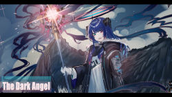 Rule 34 | 1girl, arknights, black jacket, black wings, blue eyes, blue hair, curled horns, echj, feathered wings, gloves, glowing, halo, heterochromia, holding, holding staff, horns, jacket, letterboxed, long hair, long sleeves, looking at viewer, mostima (arknights), open clothes, open jacket, parted lips, red eyes, shirt, sketch, smile, solo, staff, upper body, very long hair, white gloves, white shirt, wide sleeves, wings
