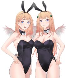 Rule 34 | 2girls, animal ears, bare arms, bare shoulders, black hairband, black leotard, blue eyes, bow, bowtie, breasts, brown hair, character request, cleavage, closed mouth, cowboy shot, detached collar, fake animal ears, hairband, highres, large breasts, leotard, looking at viewer, lost ark, multiple girls, nineveh (lost ark), open mouth, playboy bunny, rabbit ears, simple background, smile, talnory, white background, white bow, white bowtie, wings