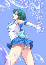 Rule 34 | 1990s (style), 1girl, armpit peek, ass, bishoujo senshi sailor moon, blue background, blue eyes, blue sailor collar, blue skirt, bubble, green hair, hydrokinesis, kouda tomohiro, mizuno ami, open mouth, outstretched arm, outstretched hand, panties, pantyshot, retro artstyle, sailor collar, sailor mercury, short hair, simple background, skirt, solo, underwear, water, white panties