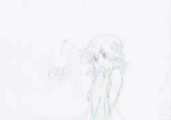 Rule 34 | 10s, 1girl, bare arms, bare shoulders, blanket, bra, commentary, highres, key frame, kill la kill, matoi ryuuko, official art, partially colored, production art, production note, promotional art, short hair, signature, simple background, sketch, striped bra, striped clothes, surprised, trigger (company), underwear, underwear only, very short hair, white background