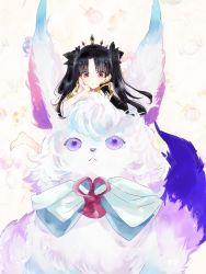 Rule 34 | armlet, asa (1asa-0-asa1), asymmetrical sleeves, black hair, chibi, creature, crown, detached sleeves, earrings, elbow gloves, fate/grand order, fate (series), fou (fate), gloves, highres, hoop earrings, ishtar (fate), jewelry, mini person, minigirl, neck ring, red eyes, single detached sleeve, single elbow glove, single sleeve, tiara, tohsaka rin, two side up, uneven sleeves