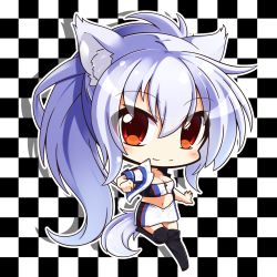 Rule 34 | animal ears, black footwear, blush, boots, breasts, checkered background, chibi, cleavage, closed mouth, commentary request, crop top, full body, hair between eyes, high ponytail, jacket, long hair, medium breasts, midriff, navel, open clothes, open jacket, original, ponytail, race queen, red eyes, shachoo., short sleeves, sidelocks, silver hair, skirt, solo, standing, standing on one leg, tail, thigh boots, thighhighs, very long hair, white skirt, wolf ears, wolf girl, wolf tail