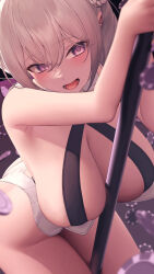 Rule 34 | 1girl, absurdres, bare shoulders, blush, breasts, cleavage, criss-cross halter, grey hair, halterneck, highres, large breasts, looking at viewer, open mouth, original, poker chip, pole, pole dancing, purple eyes, shirafuji ene, short hair, sideboob, smile, solo, stripper pole, thighs