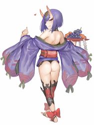Rule 34 | 1girl, absurdres, akizone, ankle ribbon, ass, back, bare shoulders, barefoot, blunt bangs, bob cut, bow, choker, commentary, cup, eyelashes, fang, fate/grand order, fate (series), food, fruit, full body, gem, grapes, hair ornament, heart, highres, holding, holding cup, horns, japanese clothes, kimono, leg ribbon, long sleeves, looking at viewer, looking back, obi, off shoulder, oni, peach, purple eyes, purple hair, revealing clothes, ribbon, sakazuki, sash, shide, short hair, shuten douji (fate), simple background, skin-covered horns, smile, solo, standing, thong, toeless legwear, white background, wide sleeves