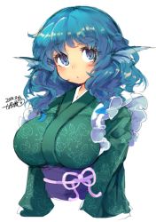 Rule 34 | 1girl, 2014, animal ears, blue eyes, blue hair, breasts, dated, eyebrows, fins, head fins, iroyopon, japanese clothes, kimono, large breasts, matching hair/eyes, mermaid, monster girl, obi, sash, short hair, simple background, solo, touhou, wakasagihime, white background