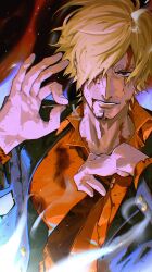 Rule 34 | 1boy, black necktie, blonde hair, blood, blood on face, cigarette, commentary request, curly eyebrows, facial hair, formal, goatee, hair over one eye, highres, holding, holding cigarette, male focus, necktie, one eye covered, one piece, orange shirt, sanji (one piece), shirt, short hair, smile, solo, suit, teeth, vasan5555