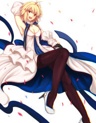 Rule 34 | 1girl, ahoge, archetype earth, arcueid brunestud, armpits, arms behind back, bare shoulders, black pantyhose, blonde hair, blush, breasts, cleavage, commentary request, detached sleeves, dress, dutch angle, fate/grand order, fate (series), gloves, high heels, highres, iro (sekaixiro), looking at viewer, medium breasts, open mouth, pantyhose, petals, short hair, smile, solo, tsukihime, type-moon, white background, white footwear