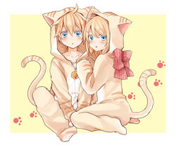 Rule 34 | 1boy, 1girl, animal costume, animal ears, bell, blonde hair, blue eyes, bow, brother and sister, cat costume, cat ears, cat tail, hair ornament, hairclip, hood, kagamine len, kagamine rin, looking at viewer, momomochi, short hair, siblings, tail, vocaloid, yellow background