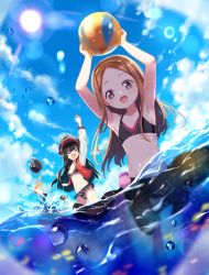 Rule 34 | 1boy, 2girls, armpits, arms up, bad id, bad pixiv id, ball, bare shoulders, beachball, bikini, black bikini, black hair, black headwear, blue sky, blush, breasts, brown hair, camera, chacha (fate), cleavage, closed eyes, collarbone, crest, family crest, fate/grand order, fate (series), fiery hair, forehead, grey eyes, hairband, hat, jacket, kodamari, koha-ace, lens flare, letterman jacket, long hair, looking at viewer, medium breasts, multiple girls, navel, ocean, oda nobukatsu (fate), oda nobunaga (fate), oda nobunaga (koha-ace), oda nobunaga (swimsuit berserker) (fate), oda nobunaga (swimsuit berserker) (first ascension) (fate), oda nobunaga (swimsuit berserker) (second ascension) (fate), oda uri, open clothes, open jacket, open mouth, parted bangs, peaked cap, sarong, sky, small breasts, smile, sun, sunlight, swimsuit, wading