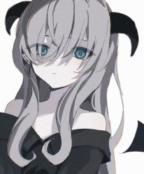 Rule 34 | 1girl, bare shoulders, black shirt, blue eyes, closed mouth, earrings, grey hair, highres, horns, jewelry, looking at viewer, migihidari (puwako), off-shoulder shirt, off shoulder, original, pointy ears, shirt, simple background, solo, white background, wings