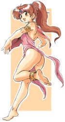 Rule 34 | 1girl, absurdres, anklet, armband, ass, back, backless dress, backless outfit, bare legs, bare shoulders, barefoot, blush, brown eyes, brown hair, circlet, dancing, dress, feet, fire emblem, fire emblem: mystery of the emblem, full body, headband, highres, jewelry, legs, linde (fire emblem), long hair, looking back, nintendo, no panties, open mouth, oyatsu (mk2), ponytail, smile, soles, solo, tiptoes, toes