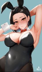 Rule 34 | 1girl, animal ears, arm up, armpits, bare arms, bare shoulders, black hair, black leotard, black pantyhose, blue background, blush, bow, bowtie, breasts, closed mouth, commentary request, detached collar, fake animal ears, highleg, highleg leotard, highres, infinote, large breasts, leotard, looking at viewer, nail polish, original, pantyhose, playboy bunny, rabbit ears, red bow, red bowtie, red nails, short hair, simple background, solo, wrist cuffs, yashiki yuuko (infinote), yellow eyes