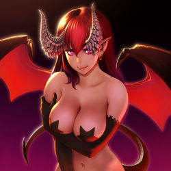 Rule 34 | 1girl, areola slip, arm under breasts, backlighting, bare shoulders, black background, black gloves, black wings, breast hold, breasts, cleavage, closed mouth, collarbone, demon, demon girl, demon horns, demon tail, demon wings, dragon horns, earrings, elbow gloves, gloves, gradient background, hair between eyes, hand on own arm, highres, horiishi horuto, horns, jewelry, large breasts, lips, looking at viewer, navel, original, pasties, pointy ears, purple background, purple eyes, red hair, red wings, revision, smirk, star pasties, straight hair, tail, upper body, wings