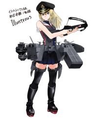 Rule 34 | 10s, 1girl, bad id, bad twitter id, bare shoulders, black thighhighs, blonde hair, blue eyes, boots, bow (weapon), crossbow, fujibejifu, full body, hat, hms illustrious, kantai collection, long hair, looking at viewer, military hat, miniskirt, original, peaked cap, pleated skirt, sailor collar, simple background, skirt, sleeveless, smile, solo, thighhighs, translated, weapon, white background, zettai ryouiki