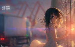 Rule 34 | 1girl, artist name, blue eyes, blurry, brown hair, depth of field, dress, fence, highres, lamp, long hair, looking at viewer, motor vehicle, opticalcore, original, outdoors, pole, sky, solo, sundress, swept bangs, truck, twilight, upper body, vehicle, wallpaper, white dress, wind