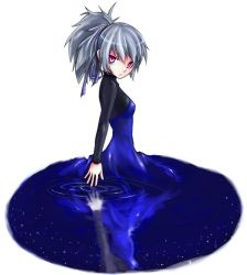 Rule 34 | 00s, 1girl, blue bodysuit, bodysuit, darker than black, expressionless, looking at viewer, pink eyes, ponytail, shaded face, silver hair, simple background, skin tight, solo, water, wet, wet clothes, white background, yin (darker than black)