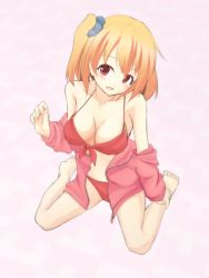 Rule 34 | 1girl, azukilib, bare shoulders, barefoot, bikini, blush, breasts, collarbone, female focus, front-tie bikini top, front-tie top, full body, hand up, happy, highres, jacket, kagerou project, kisaragi momo, long sleeves, looking at viewer, medium breasts, off shoulder, open mouth, orange hair, pink background, pink jacket, red bikini, red eyes, scrunchie, short hair, side ponytail, simple background, sitting, smile, solo, swimsuit, wariza