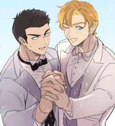 Rule 34 | 2boys, ao isami, black hair, blonde hair, blush, couple, facial hair, formal, holding hands, husband and husband, lewis smith, looking at viewer, maji (m), male focus, multiple boys, one eye closed, sideburns stubble, stubble, suit, sweatdrop, thick eyebrows, upper body, white suit, yaoi, yuuki bakuhatsu bang bravern