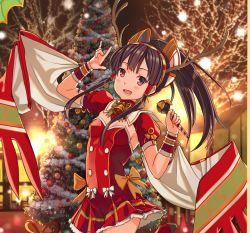 Rule 34 | 1girl, antlers, bell, black hair, blush, boots, bow, bracer, brown eyes, choker, christmas, christmas tree, covered navel, dress, hair tubes, hairband, horns, idol, long hair, looking at viewer, m/, microphone, nephthys (p&amp;d), piza rokumai, ponytail, puffy short sleeves, puffy sleeves, puzzle &amp; dragons, short sleeves, smile, solo, standing, standing on one leg