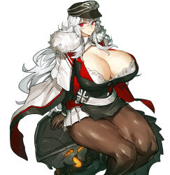 Rule 34 | 1girl, azur lane, black hat, breasts, brown gloves, closed mouth, fur trim, gloves, graf zeppelin (azur lane), hair between eyes, hat, huge breasts, long hair, melon22, pantyhose, red eyes, simple background, sitting, solo, white background, white hair