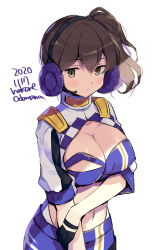 Rule 34 | 1girl, bandeau, black gloves, blue bandeau, blue skirt, blush, breasts, brown eyes, brown hair, cleavage, closed mouth, collarbone, cosplay, cropped jacket, dated, gloves, gotland (kancolle), gotland (kancolle) (cosplay), hair between eyes, headphones, jacket, kaga (kancolle), kantai collection, large breasts, long hair, navel, odawara hakone, one-hour drawing challenge, short sleeves, side ponytail, simple background, skirt, solo, twitter username, white background, white jacket