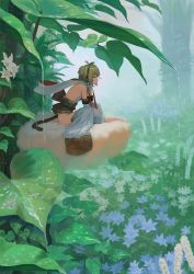 Rule 34 | 1girl, ahoge, andira (granblue fantasy), animal, animal on head, back bow, bare hips, bare shoulders, beads, bird nest, blonde hair, blue flower, bow, bush, detached sleeves, flower, frog, from side, fur-trimmed sleeves, fur trim, gold trim, granblue fantasy, green theme, hair beads, hair ornament, half-closed eyes, leaf, leaning forward, leotard, long sleeves, mini person, minigirl, monkey tail, nature, obi, on head, one side up, outdoors, profile, rain, red eyes, sash, short hair, sitting, solo, tail, thighhighs, tree, wasabi60, water, water drop, white flower, white leotard, white thighhighs, wide shot, wide sleeves