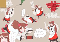 Rule 34 | 1girl, animal ears, bomb, brown background, brown hair, commentary request, copyright name, dress, dynamite, explosive, fang, imaizumi kagerou, long hair, maumau (totemicmaul), multiple views, one-hour drawing challenge, open mouth, panzerfaust, pliers, red eyes, red footwear, simple background, smoke grenade, solo, syringe, tears, throwing, touhou, translation request, weapon, white dress, wolf ears, wolfenstein (series)
