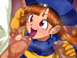 Rule 34 | 1girl, 3boys, alena (dq4), brown eyes, brown hair, censored, chunsoft, dragon quest, dragon quest iv, earrings, enix, gloves, group sex, handjob, hat, jewelry, long hair, mosaic censoring, multiple boys, muscular, open mouth, orange hair, penis, raburebo, red eyes, saliva, smile, sweat, tongue