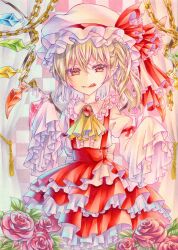 Rule 34 | 1girl, :q, adapted costume, ascot, blonde hair, brooch, center frills, chain, checkered background, cowboy shot, crystal, curtains, fang, fang out, flandre scarlet, flower, frilled shirt collar, frills, gold chain, hair between eyes, hat, hat ribbon, jewelry, juliet sleeves, long sleeves, looking at viewer, marker (medium), medium hair, mob cap, multicolored wings, one side up, orange eyes, pink flower, pink rose, pointy ears, puffy sleeves, red brooch, red ribbon, red skirt, ribbon, rose, shirt, skirt, sleeve ribbon, sleeves past fingers, sleeves past wrists, solo, suspender skirt, suspenders, tassel, tongue, tongue out, touhou, traditional media, wassmint, white hat, white shirt, wings, yellow ascot